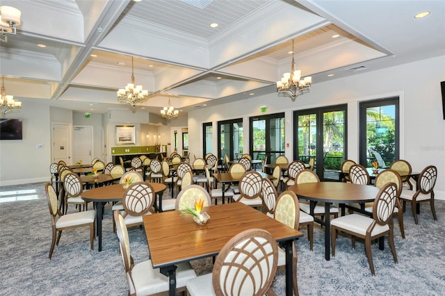 dining room featuring beamed ceiling, crown molding, carpet, and coffered ceiling