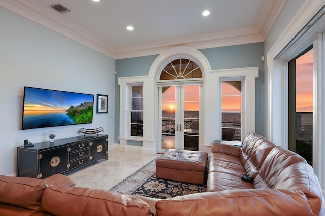 309 Ringling Point Dr, Sarasota, FL 34234 - living room with french doors, ornamental molding, recessed lighting, and marble finish floors