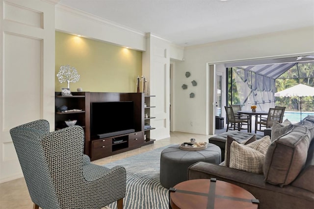 living room with crown molding and light tile patterned flooring