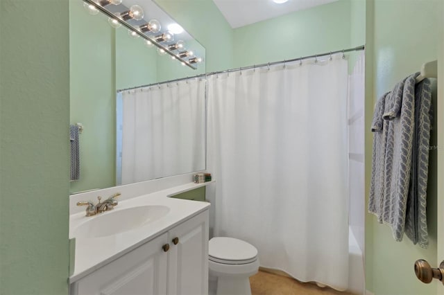 full bathroom with vanity, toilet, and shower / bathtub combination with curtain