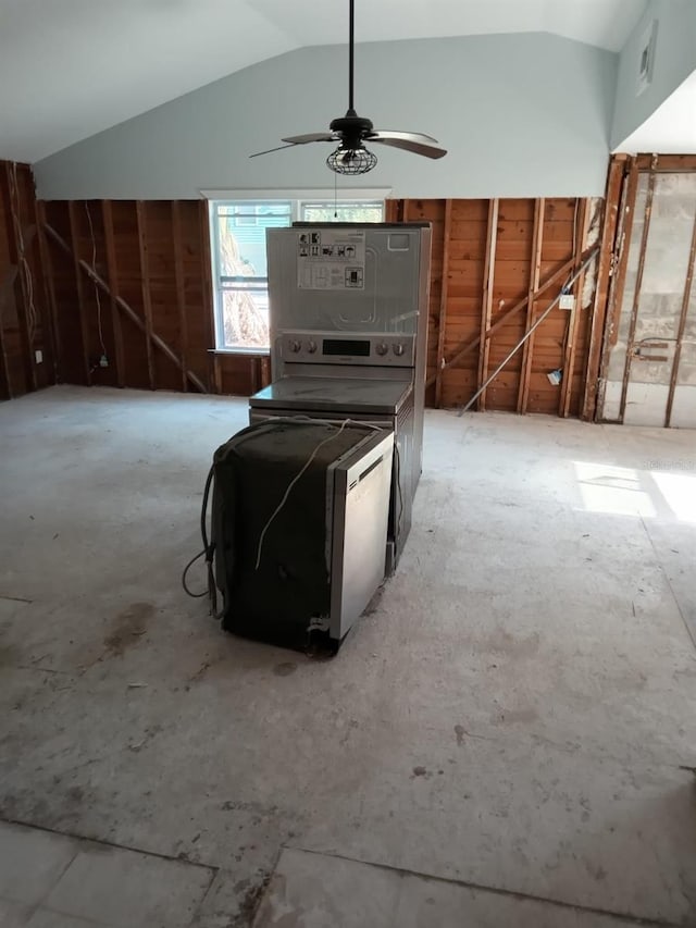 kitchen featuring ceiling fan and vaulted ceiling