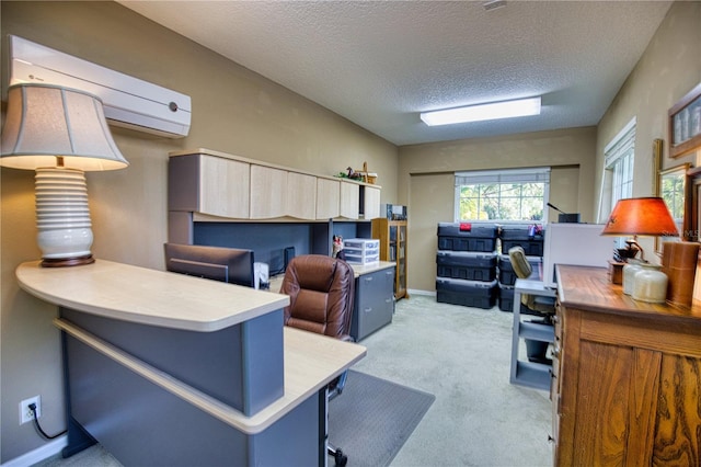 office area featuring an AC wall unit, light colored carpet, and a textured ceiling