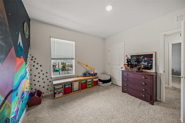 rec room with light carpet