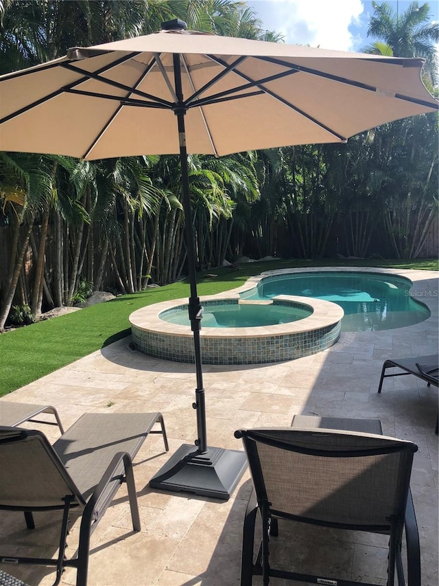 view of swimming pool featuring an in ground hot tub and a patio