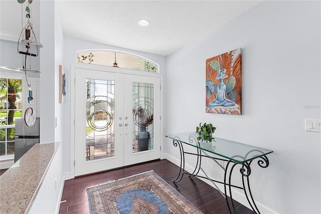 foyer entrance with plenty of natural light, dark hardwood / wood-style flooring, and french doors