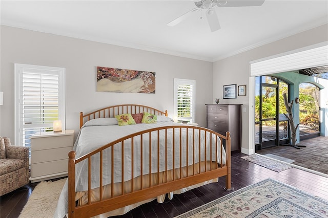 bedroom with ceiling fan, dark hardwood / wood-style floors, crown molding, and access to outside