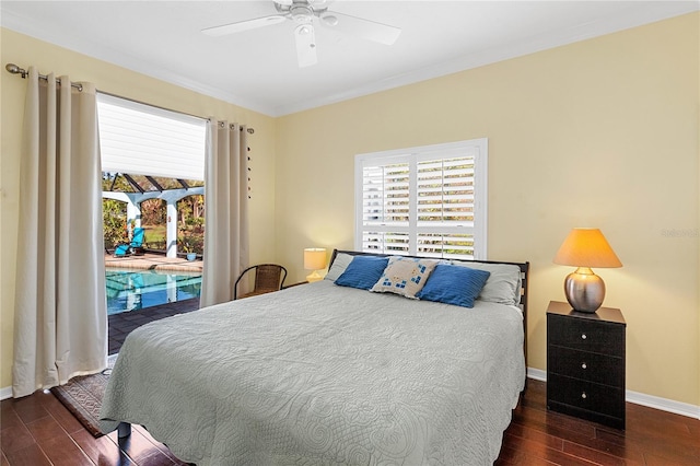 bedroom featuring ceiling fan, dark wood-type flooring, and access to outside