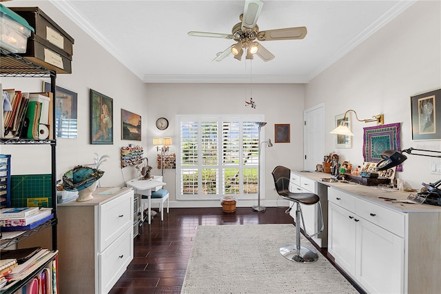 office space featuring dark wood-type flooring, ceiling fan, and ornamental molding