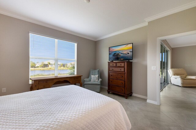 tiled bedroom with ornamental molding