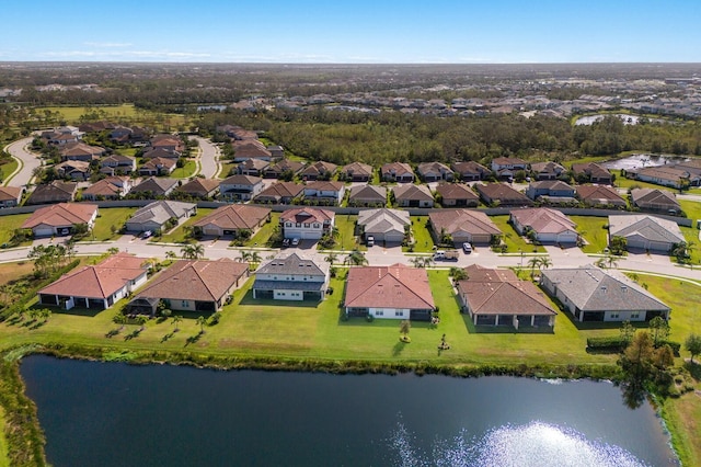 bird's eye view with a water view