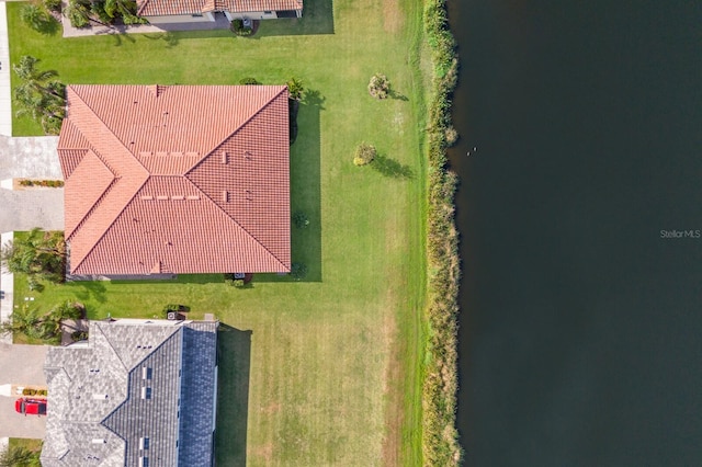 aerial view featuring a water view