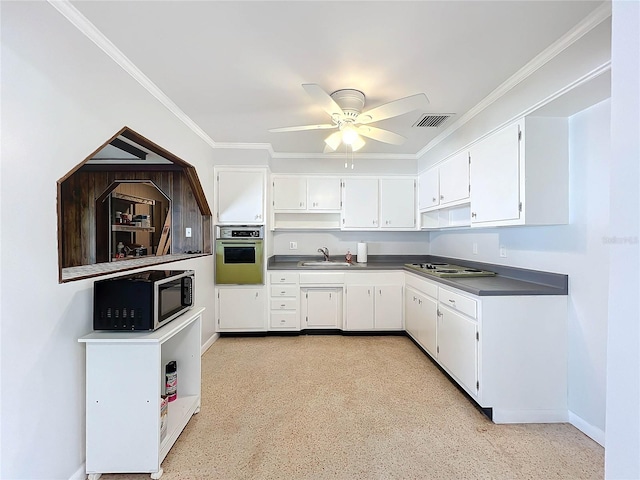 kitchen with white cabinetry, sink, ceiling fan, appliances with stainless steel finishes, and ornamental molding