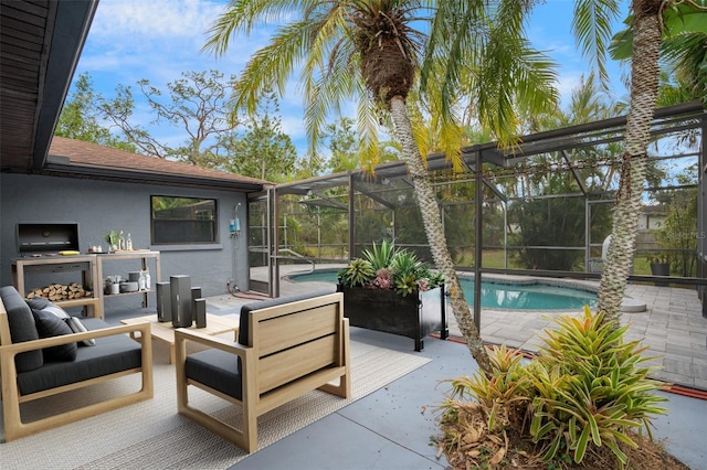 view of patio featuring a lanai and an outdoor living space