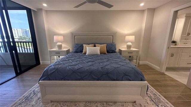 5760 Midnight Pass Rd Unit 307D, Sarasota, FL 34242 - bedroom with wood tiled floors, access to outside, recessed lighting, ensuite bathroom, and a ceiling fan