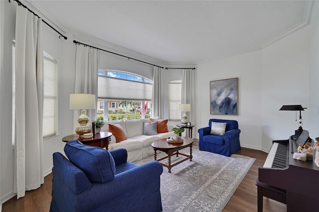 living room featuring dark hardwood / wood-style flooring and crown molding