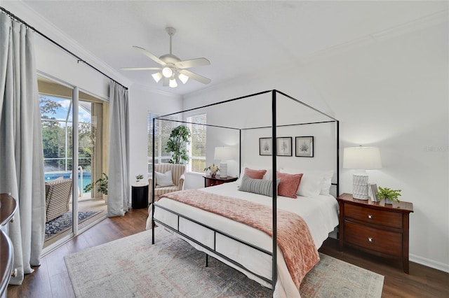 bedroom with access to exterior, ceiling fan, dark hardwood / wood-style flooring, and crown molding