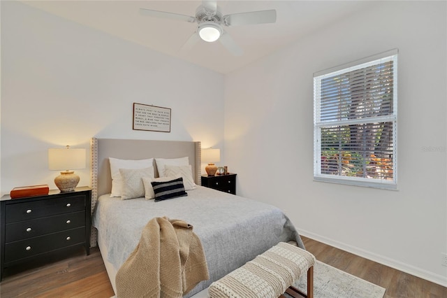 bedroom featuring ceiling fan and dark hardwood / wood-style flooring