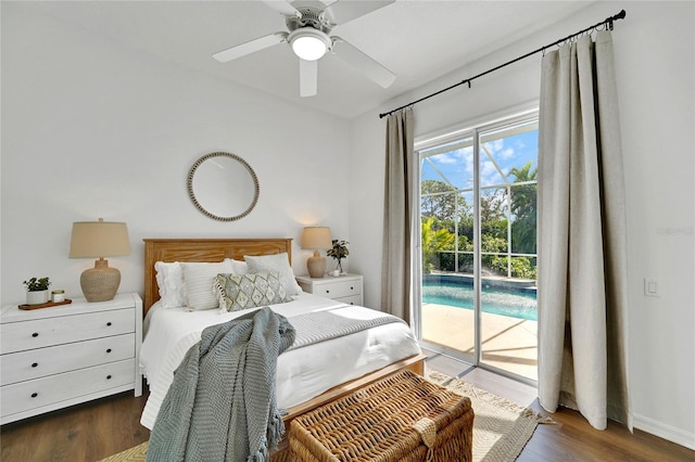 bedroom featuring ceiling fan, access to exterior, and dark wood-type flooring