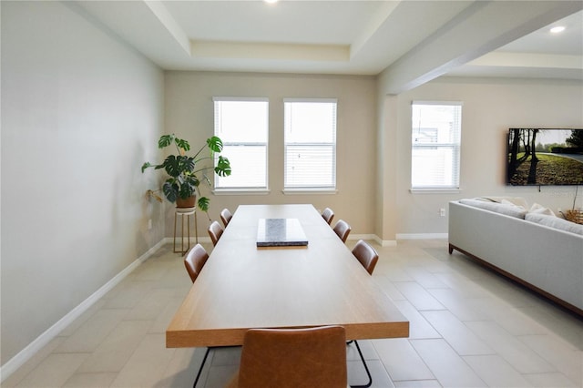 16926 Harvest Moon Way, Bradenton, FL 34211 - dining room featuring a tray ceiling, recessed lighting, baseboards, and light tile patterned flooring