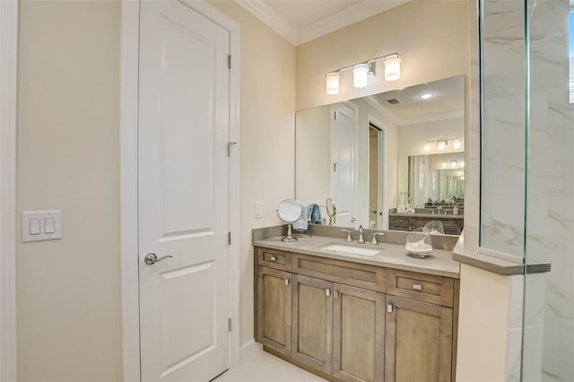 bathroom with vanity, a shower, and crown molding