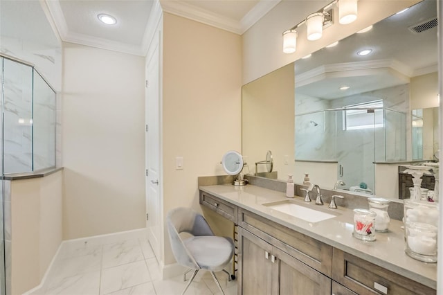 bathroom with walk in shower, vanity, and ornamental molding