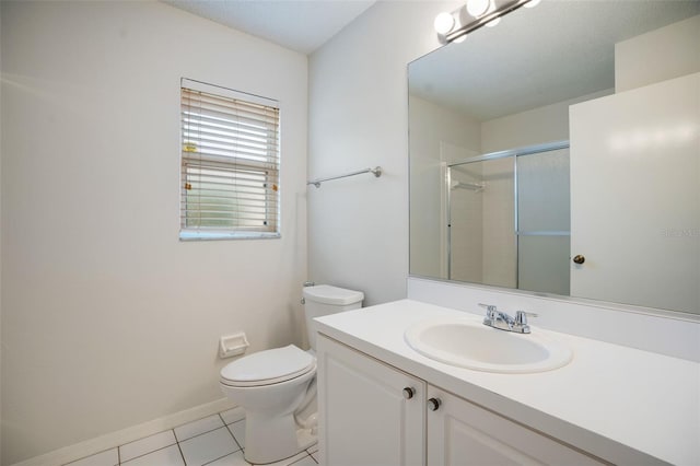 full bathroom with baseboards, toilet, tile patterned flooring, an enclosed shower, and vanity