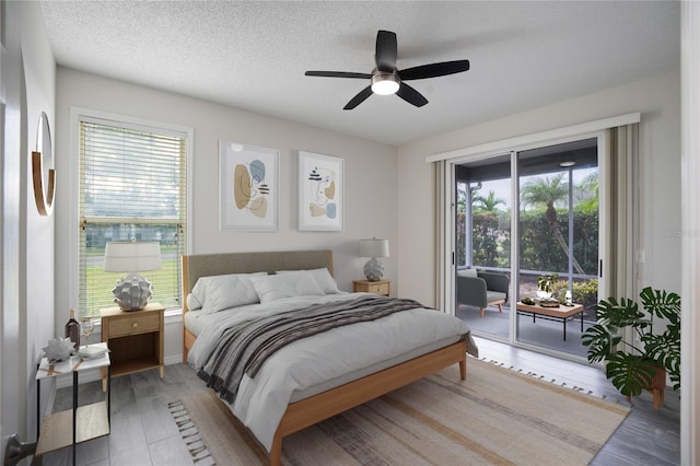 bedroom with a textured ceiling, multiple windows, wood finished floors, and access to exterior