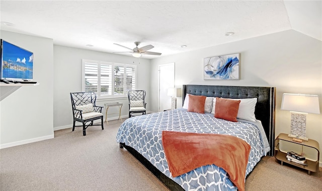 bedroom featuring carpet flooring, ceiling fan, and lofted ceiling