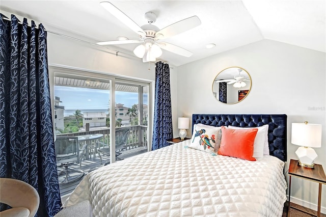 bedroom with ceiling fan, access to exterior, and vaulted ceiling