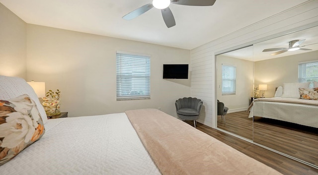 bedroom with ceiling fan, a closet, and dark hardwood / wood-style floors