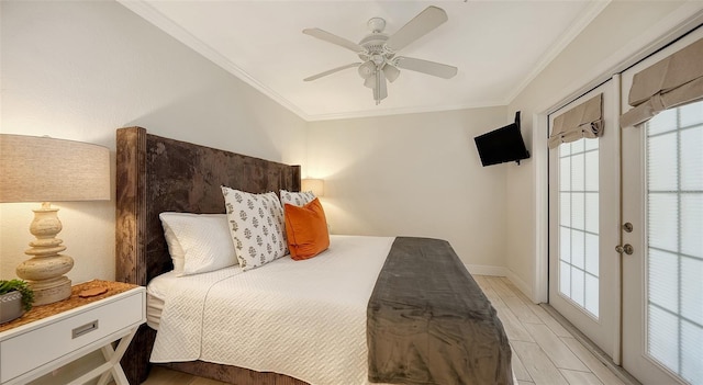 bedroom featuring wood-type flooring, french doors, ceiling fan, and ornamental molding