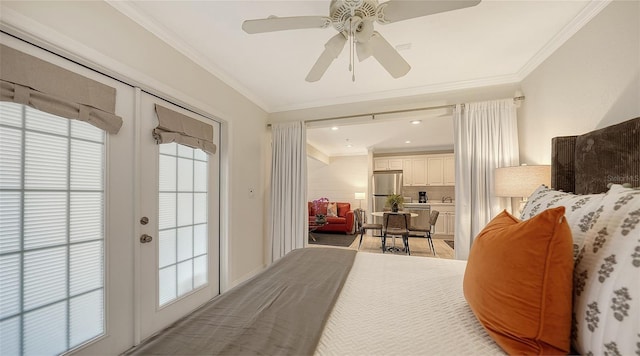 bedroom with stainless steel fridge, french doors, ornamental molding, and ceiling fan