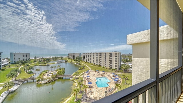 exterior space featuring a city view and a water view