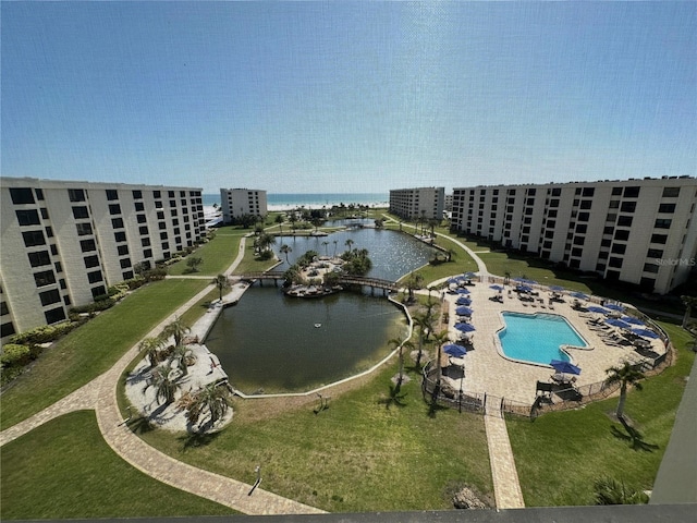 bird's eye view with a water view