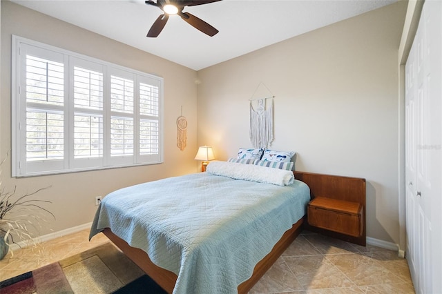 bedroom featuring ceiling fan and a closet