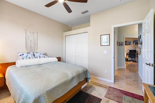 tiled bedroom featuring ceiling fan and a closet