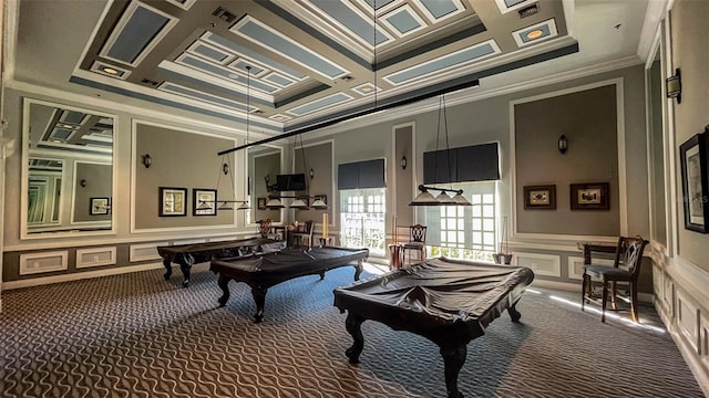 playroom featuring carpet floors, ornamental molding, coffered ceiling, and pool table