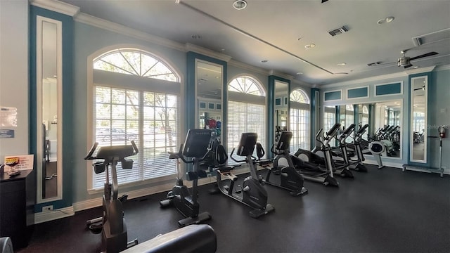 gym with ornamental molding