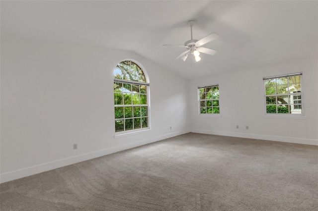 spare room featuring carpet, plenty of natural light, and lofted ceiling