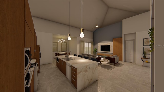 kitchen featuring white dishwasher, sink, a center island with sink, high vaulted ceiling, and a chandelier