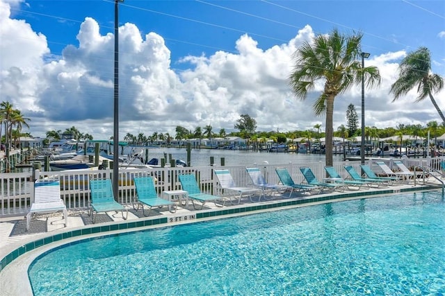 view of pool with a water view and a patio area