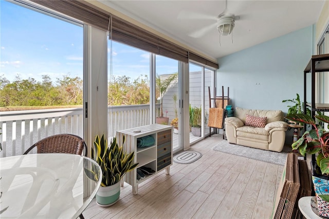 sunroom / solarium featuring ceiling fan and a healthy amount of sunlight