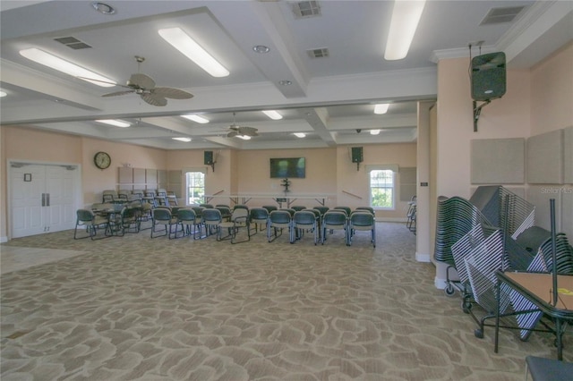 interior space featuring ceiling fan, beam ceiling, ornamental molding, and coffered ceiling