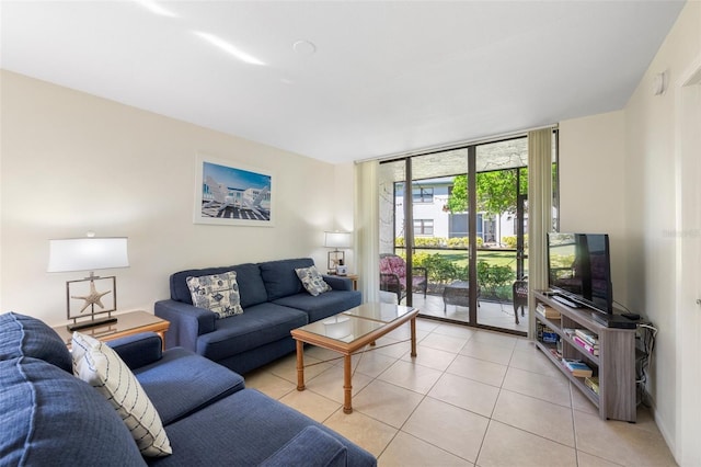 tiled living room with expansive windows