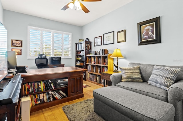 office area featuring ceiling fan and light wood-type flooring