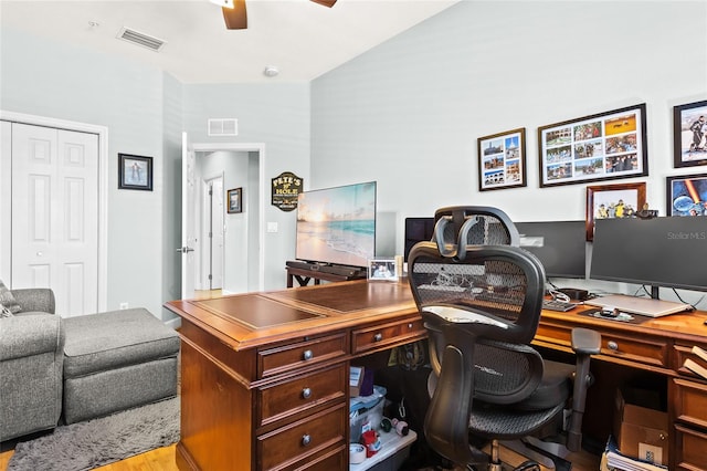 office featuring ceiling fan and light wood-type flooring