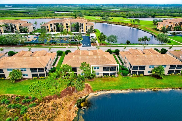 aerial view featuring a water view