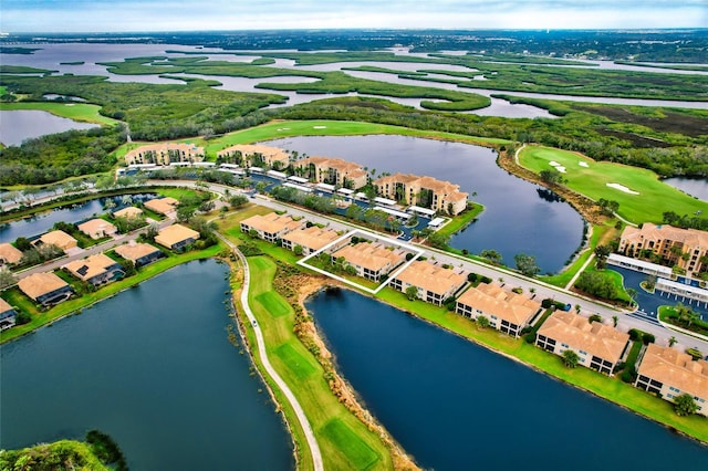 aerial view featuring a water view