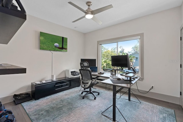 office featuring hardwood / wood-style floors and ceiling fan