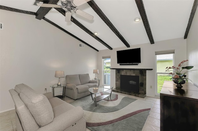 tiled living room with beam ceiling, high vaulted ceiling, a wealth of natural light, and ceiling fan